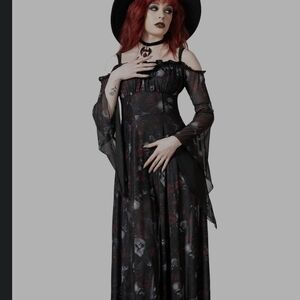 Killstar Black and Red Whimsical Gothic Long Sleeve Gown